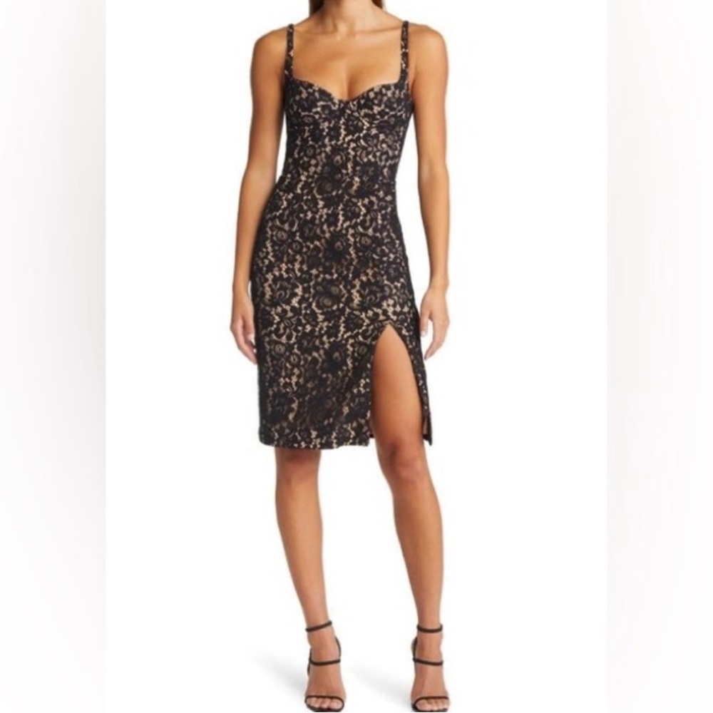 Bardot Black and Nude Lace Midi Dress